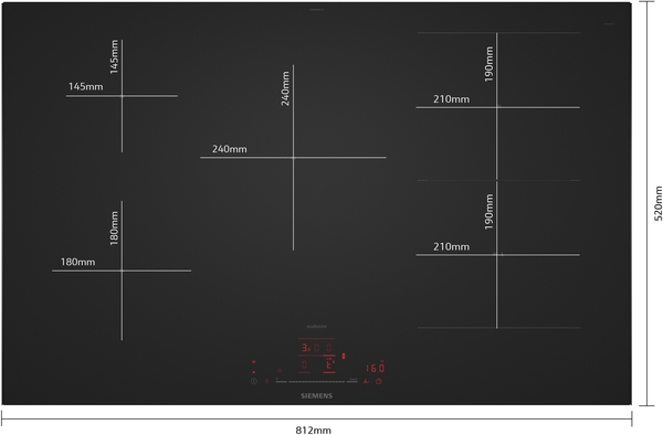 Technische Zeichnung/Schema eines schwarzen Siemens Induktionskochfeldes (Modell ED87BHWC1E) mit markierten Kochzonen und detaillierten Abmessungen in Millimetern (Gesamt: 812 mm x 520 mm).