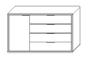 Illustration einer Kommode mit einer Drehtür und vier Schubladen vor weißem Hintergrund