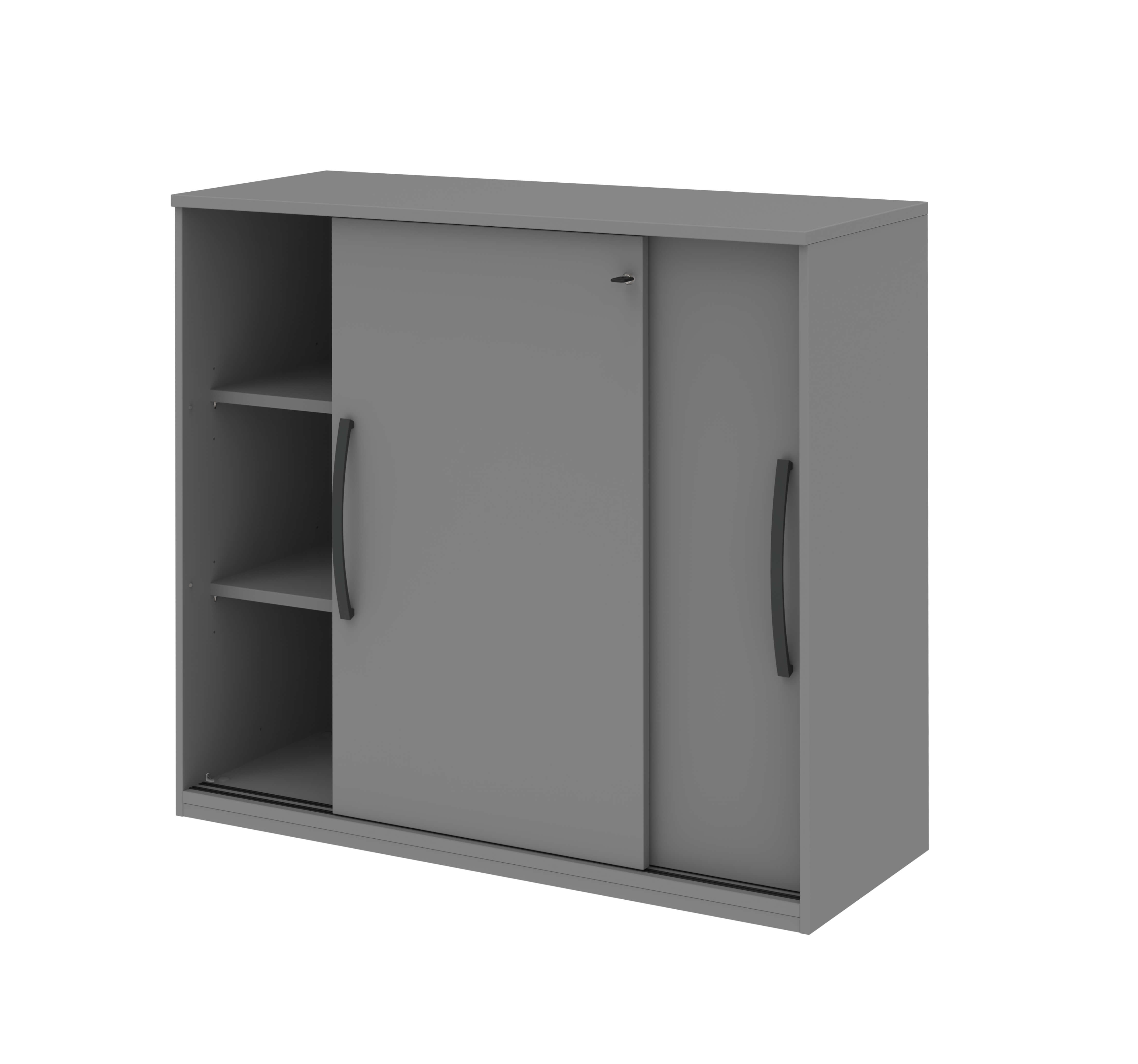 Grauer Schrank mit Schiebetüren und zwei sichtbaren Regalböden, ideal für die Aufbewahrung im Büro oder zu Hause.