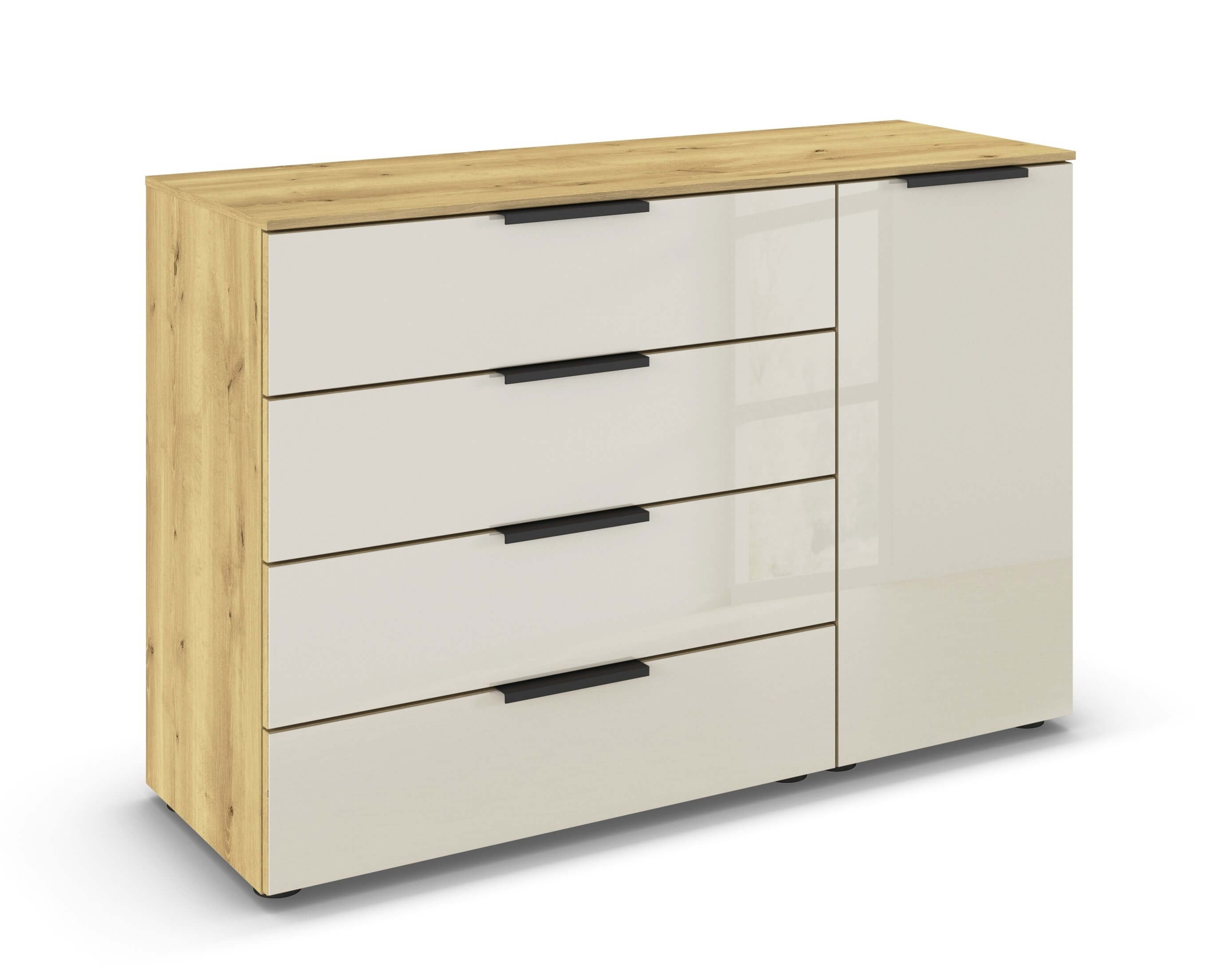 braune Kommode mit beiger Front und schwarzen Griffen mit vier Schubladen und einer Drehtür vor weißem Hintergrund