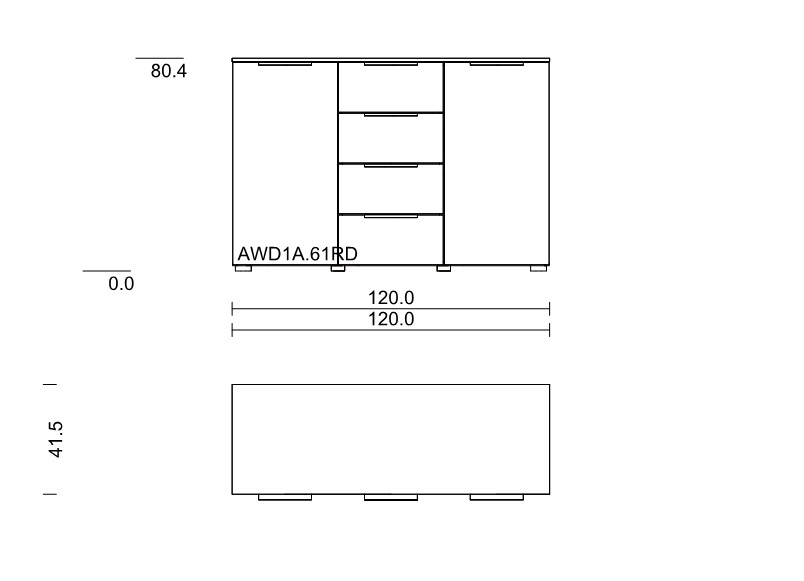 Maßzeichnung einer Kommode mit vier Schubladen und zwei Drehtüren vor weißem Hintergrund