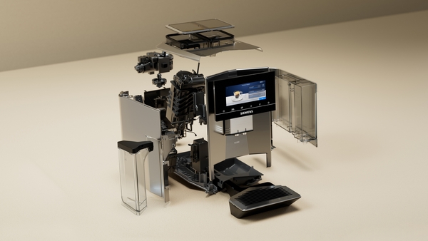 Explosionszeichnung einer Kaffeemaschine mit sichtbaren inneren Komponenten und Display.