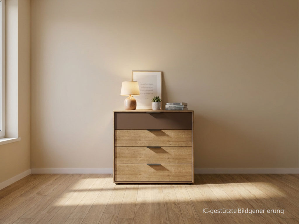Moderne braune Kommode mit vier Schubladen stilvoll dekoriert in einem modernen Zimmer, Bild KI generiert