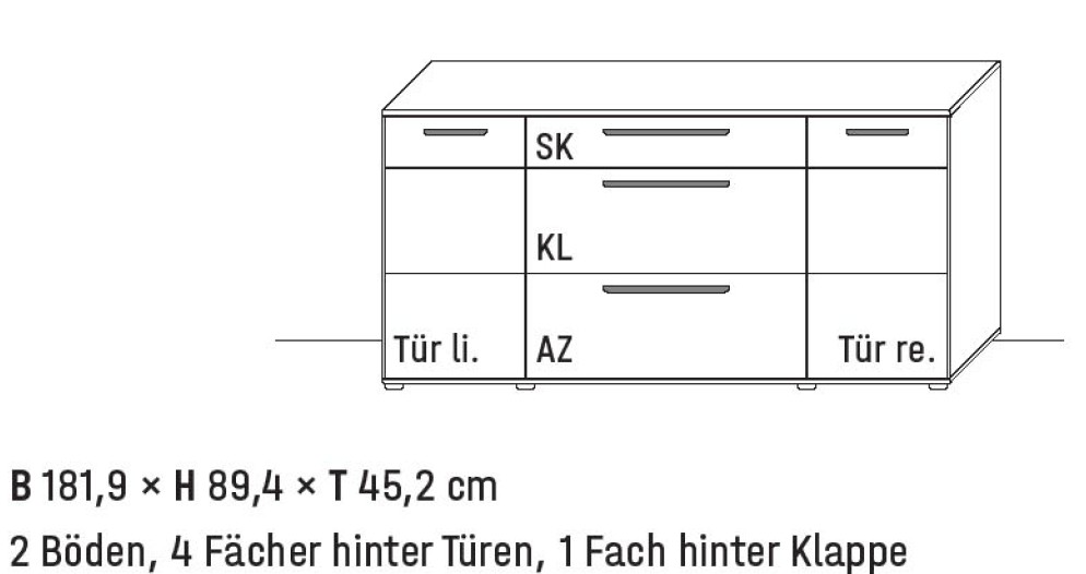 Illustration eines Sideboards mit Maßangabe und Bezeichnung vor weißem Hintergrund
