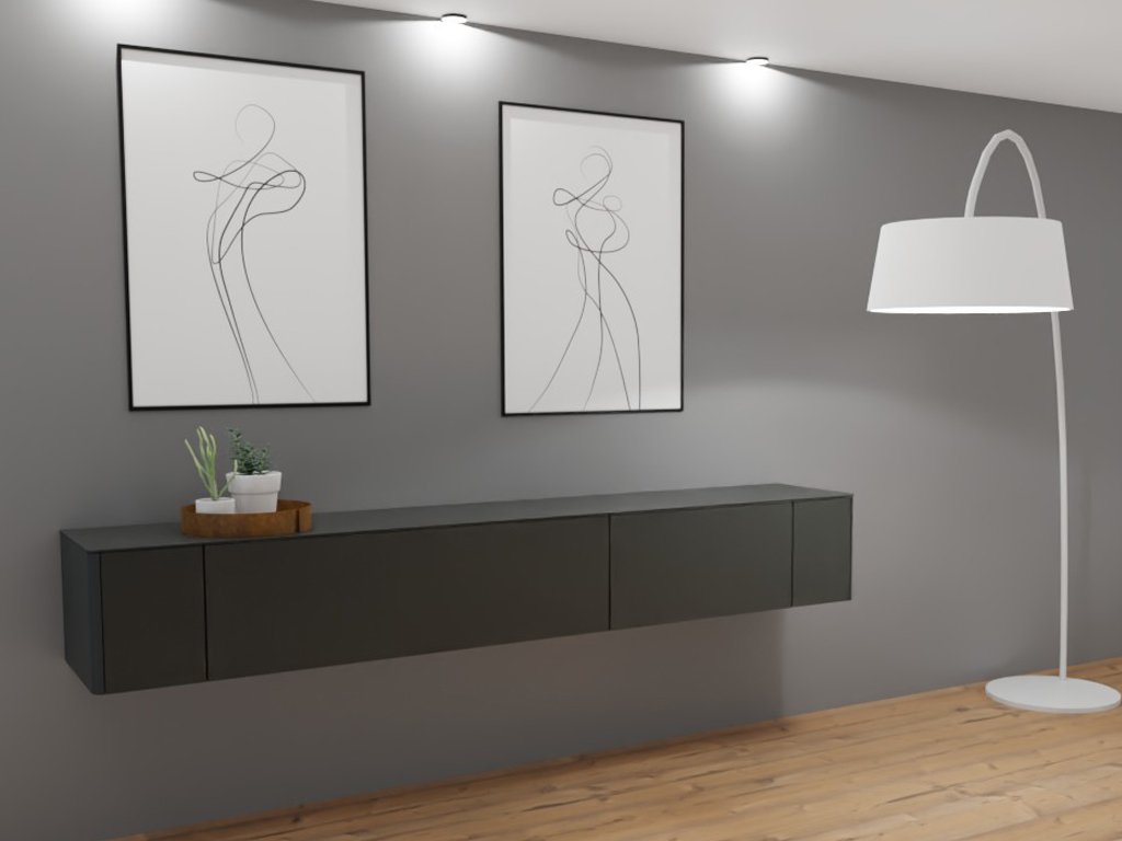 Sudbrock Goya - Lowboard | 2 Türen, 1 Schublade, 1 Klappe | B: 245,2 cm | Lack quarz Innenraum mit schwebendem schwarzen Wandregal, zwei abstrakten Kunstwerken und einer weißen Stehlampe