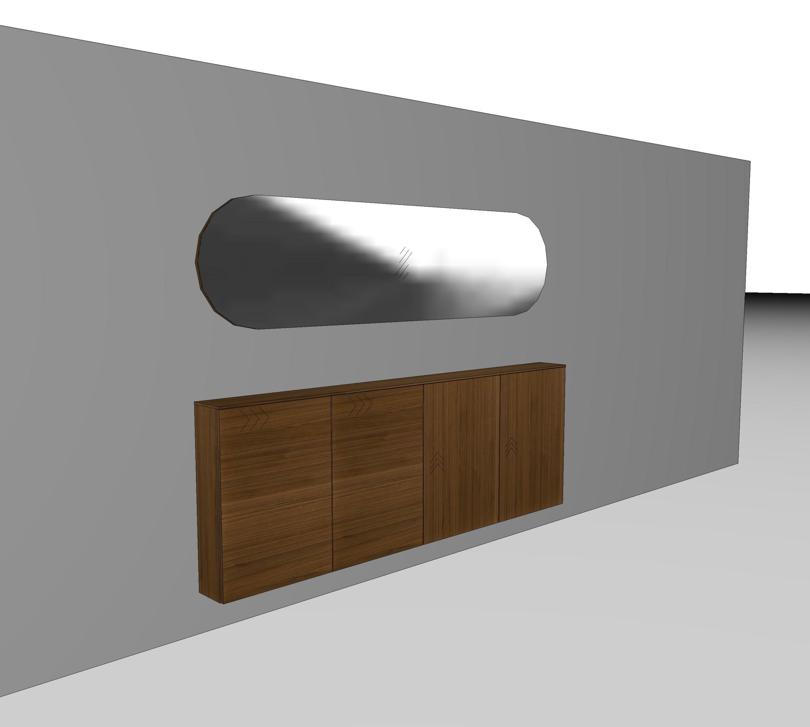 Schwebende Wandkonsole aus Holz mit integriertem ovalem Spiegel an einer grauen Wand montiert