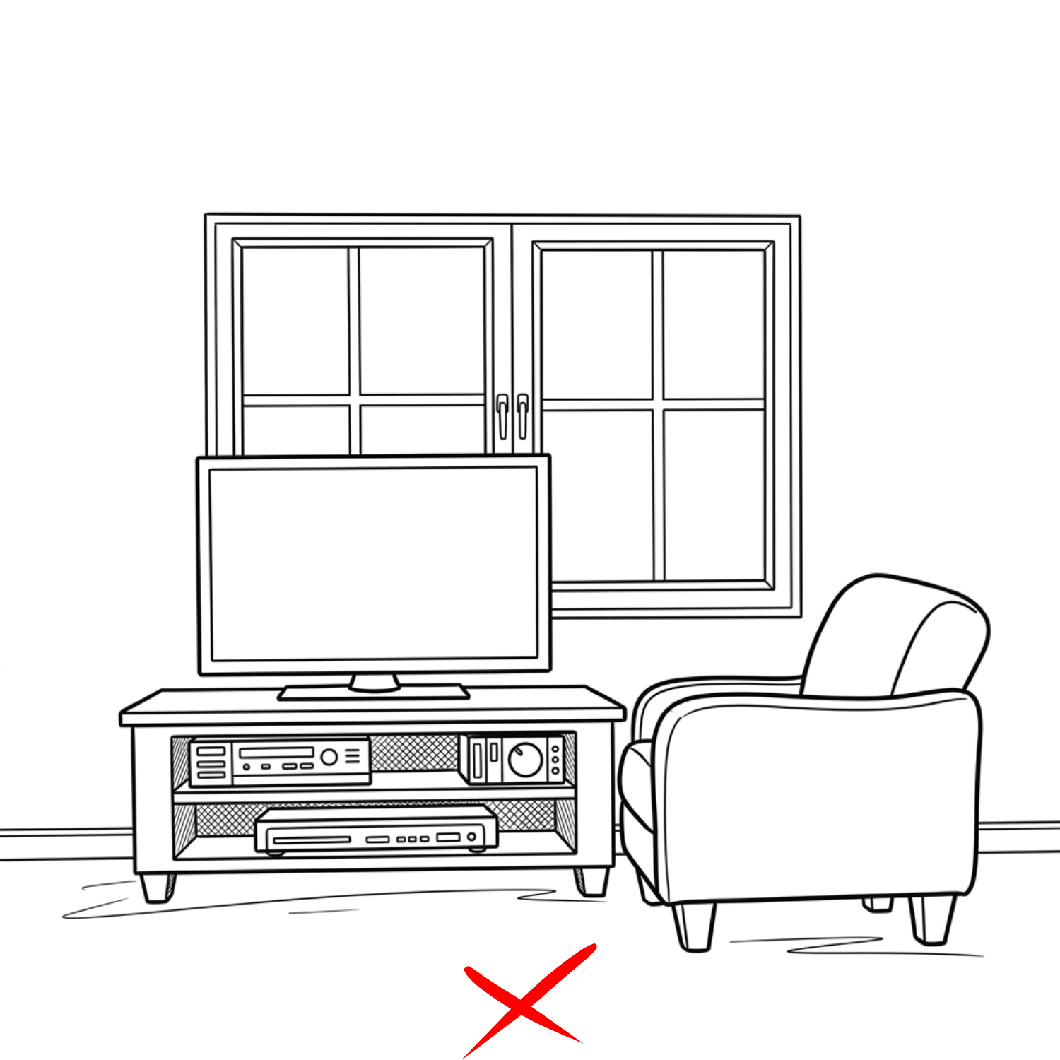 Zeichnung von Wohnzimmer und falscher Positionierung vom Fernseher