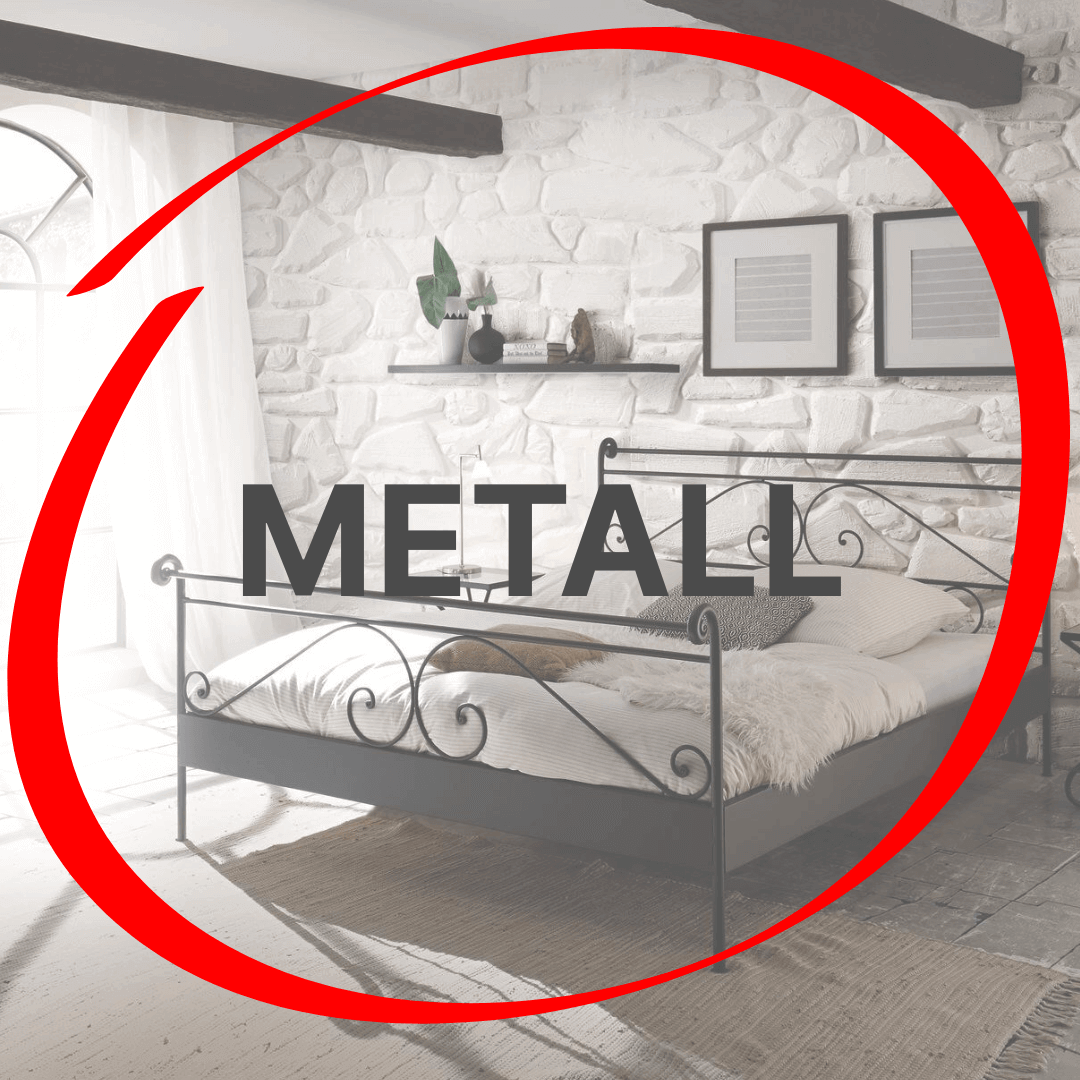 Aufschrift Metall in rotem Kreis mit Metallbett im Hintergrund
