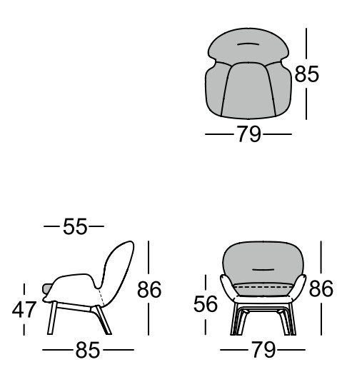 Maßzeichnung eines Designersessel vor weißem Hintergrund