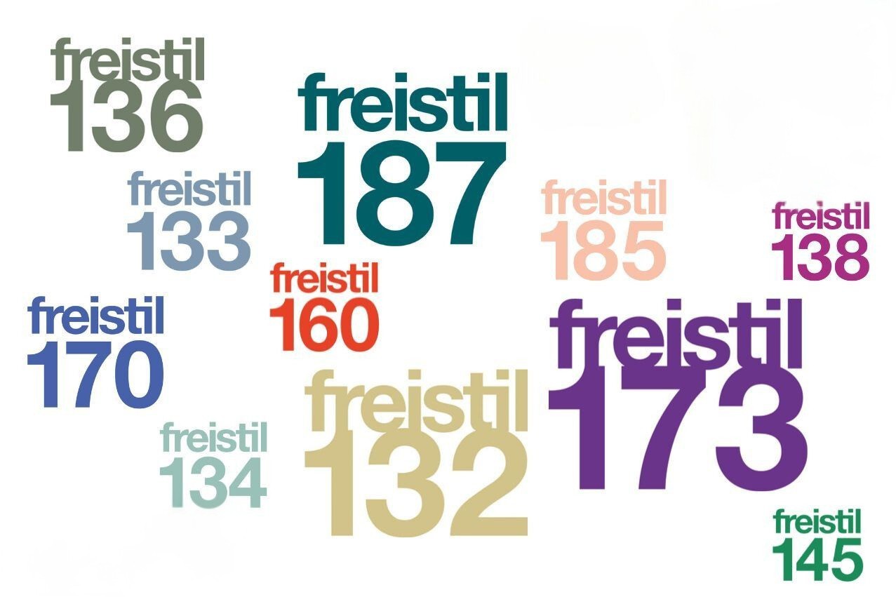 Grafische Darstellung von Freistil-Zahlen: 132, 133, 134, 136, 138, 142, 145, 160, 170, 173, 185, 187 in verschiedenen Farben