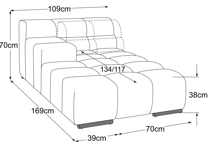 designwerk Temple - Recamiere small Armteil links | B: 109 cm | mit Rückenverstellung | D021137 Maßzeichnung eines Sofaelements vor weißem Hintergrund designwerk Temple