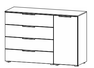 Illustration einer Kommode mit vier Schubladen und einer Drehtür vor weißem Hintergrund